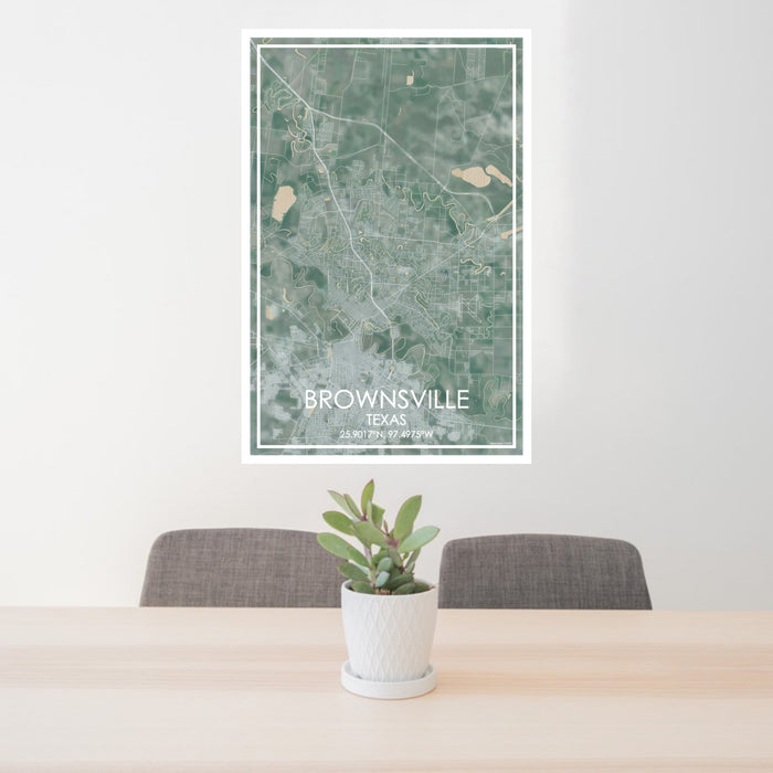 24x36 Brownsville Texas Map Print Portrait Orientation in Afternoon Style Behind 2 Chairs Table and Potted Plant