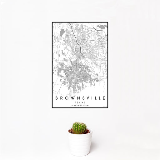 12x18 Brownsville Texas Map Print Portrait Orientation in Classic Style With Small Cactus Plant in White Planter