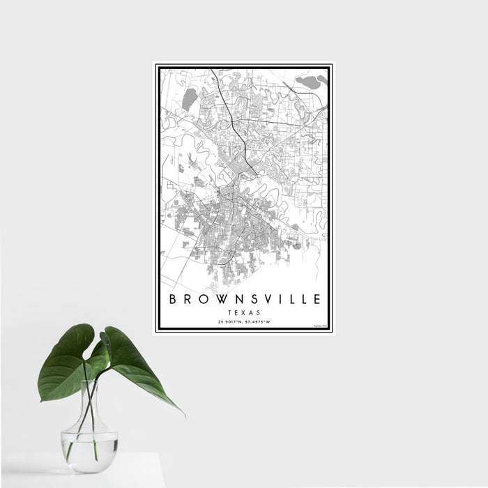 16x24 Brownsville Texas Map Print Portrait Orientation in Classic Style With Tropical Plant Leaves in Water