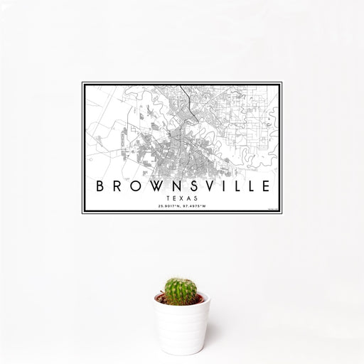 12x18 Brownsville Texas Map Print Landscape Orientation in Classic Style With Small Cactus Plant in White Planter