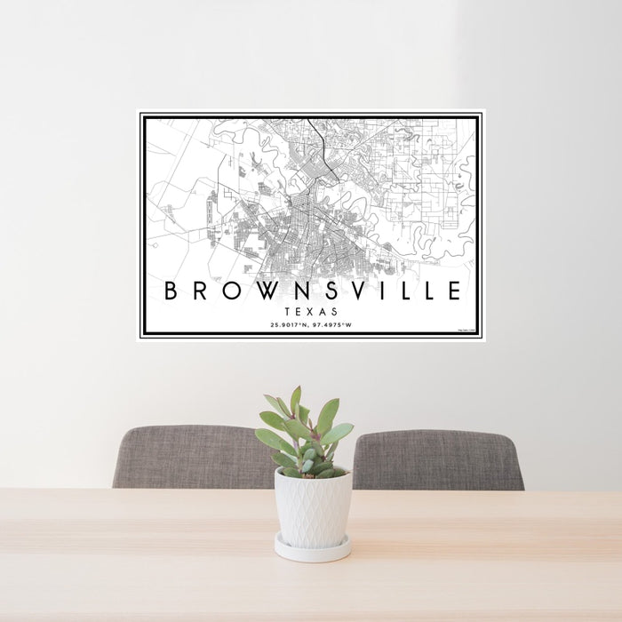 24x36 Brownsville Texas Map Print Landscape Orientation in Classic Style Behind 2 Chairs Table and Potted Plant