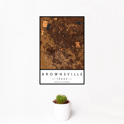 12x18 Brownsville Texas Map Print Portrait Orientation in Ember Style With Small Cactus Plant in White Planter