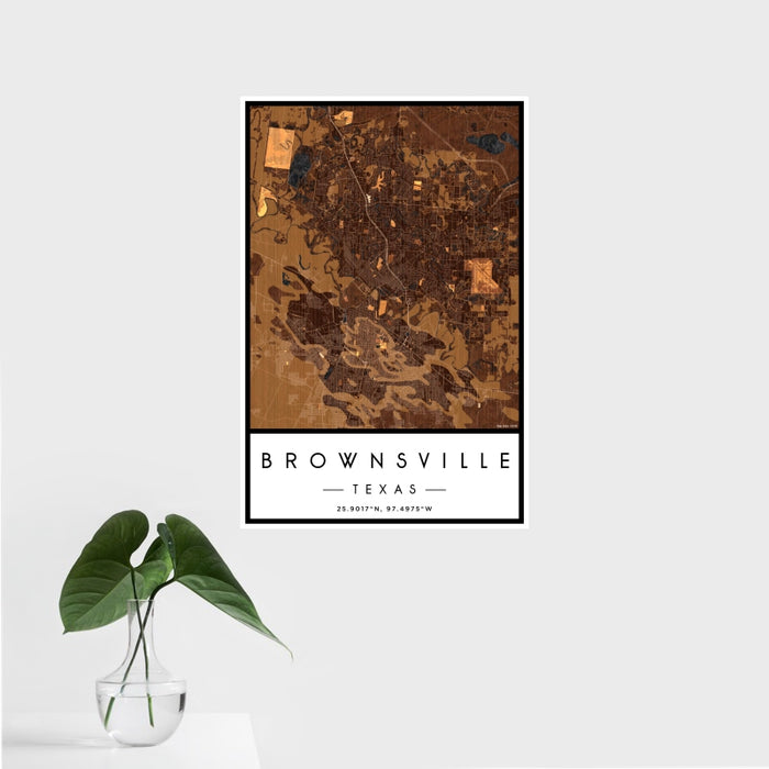 16x24 Brownsville Texas Map Print Portrait Orientation in Ember Style With Tropical Plant Leaves in Water