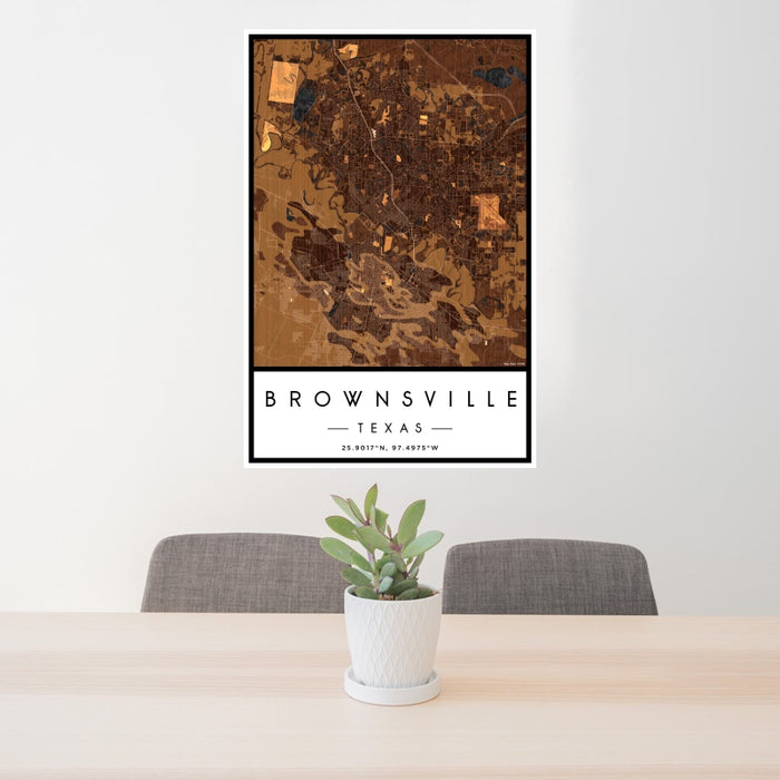 24x36 Brownsville Texas Map Print Portrait Orientation in Ember Style Behind 2 Chairs Table and Potted Plant