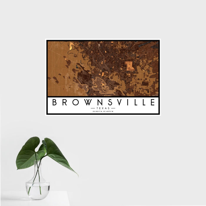 16x24 Brownsville Texas Map Print Landscape Orientation in Ember Style With Tropical Plant Leaves in Water