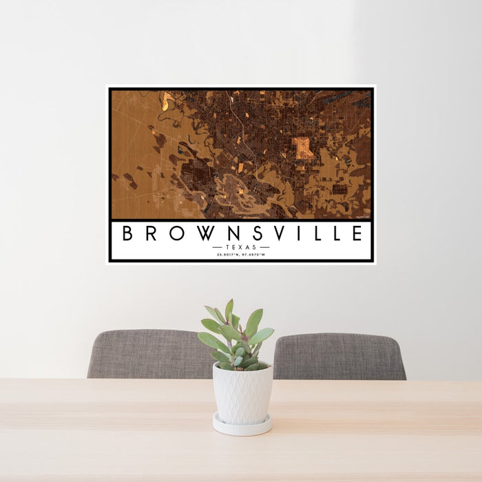 24x36 Brownsville Texas Map Print Landscape Orientation in Ember Style Behind 2 Chairs Table and Potted Plant