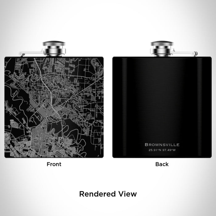 Rendered View of Brownsville Texas Map Engraving on 6oz Stainless Steel Flask in Black