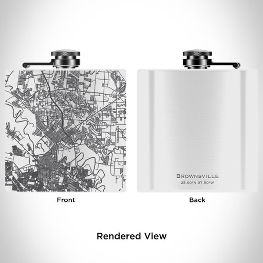 Rendered View of Brownsville Texas Map Engraving on 6oz Stainless Steel Flask in White
