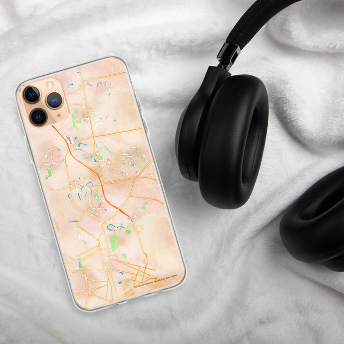 Custom Brownsville Texas Map Phone Case in Watercolor on Table with Black Headphones