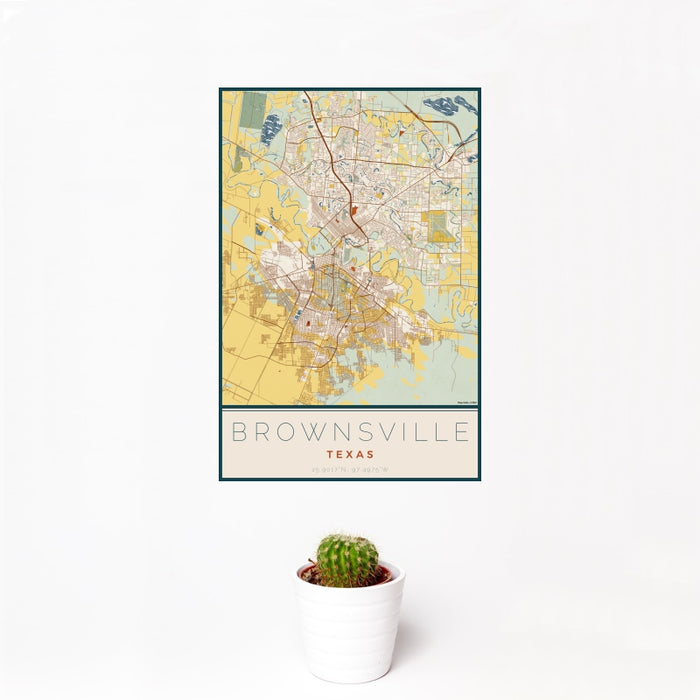 12x18 Brownsville Texas Map Print Portrait Orientation in Woodblock Style With Small Cactus Plant in White Planter
