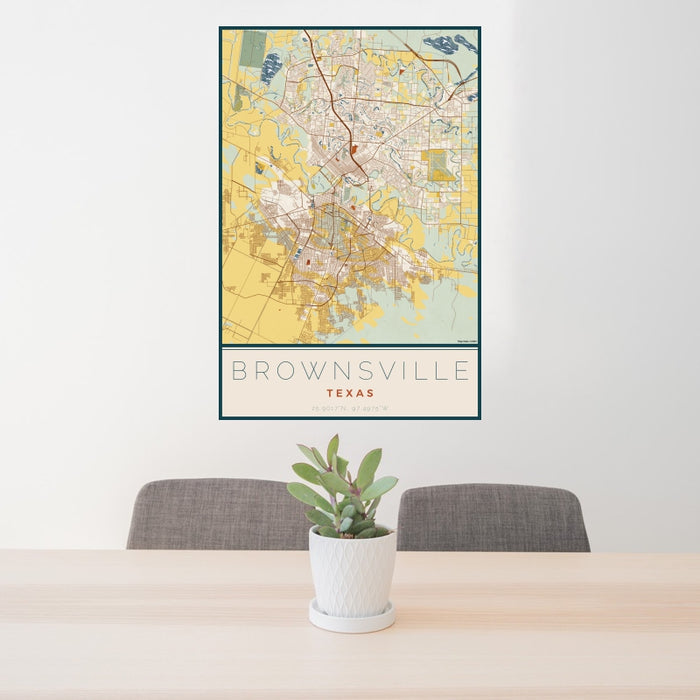 24x36 Brownsville Texas Map Print Portrait Orientation in Woodblock Style Behind 2 Chairs Table and Potted Plant