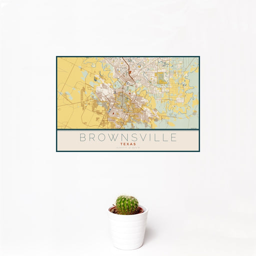 12x18 Brownsville Texas Map Print Landscape Orientation in Woodblock Style With Small Cactus Plant in White Planter
