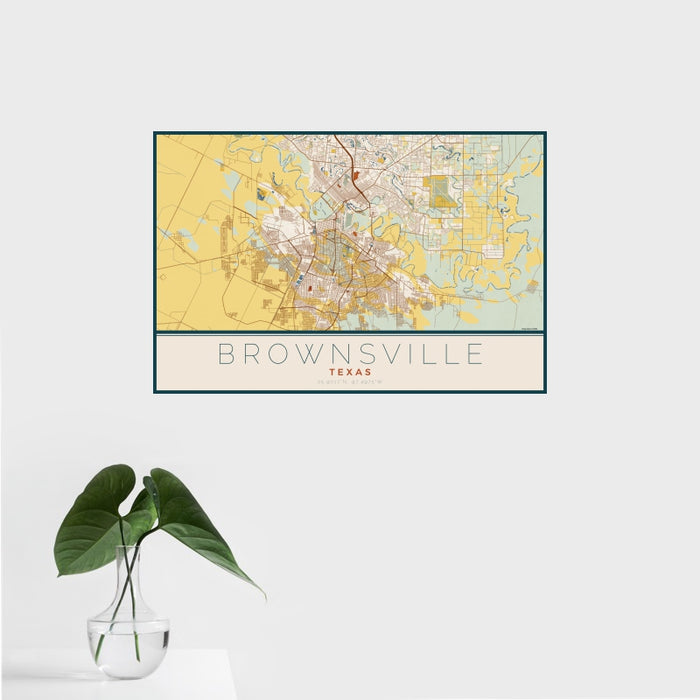 16x24 Brownsville Texas Map Print Landscape Orientation in Woodblock Style With Tropical Plant Leaves in Water