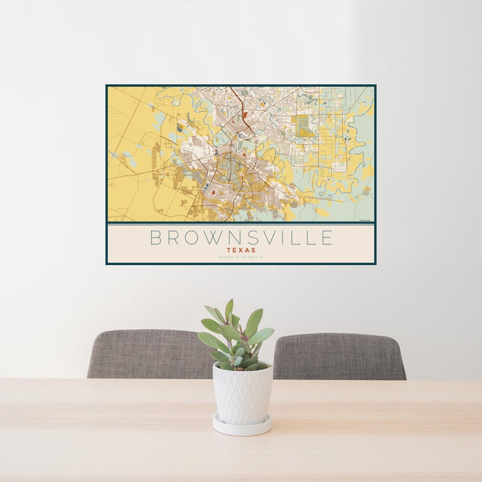 24x36 Brownsville Texas Map Print Landscape Orientation in Woodblock Style Behind 2 Chairs Table and Potted Plant