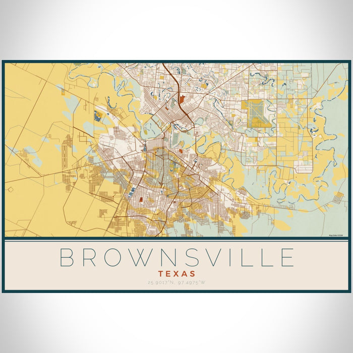 Brownsville Texas Map Print Landscape Orientation in Woodblock Style With Shaded Background