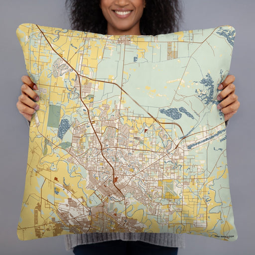 Person holding 22x22 Custom Brownsville Texas Map Throw Pillow in Woodblock