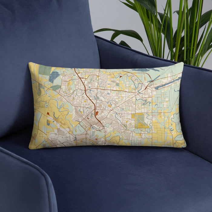 Custom Brownsville Texas Map Throw Pillow in Woodblock on Blue Colored Chair