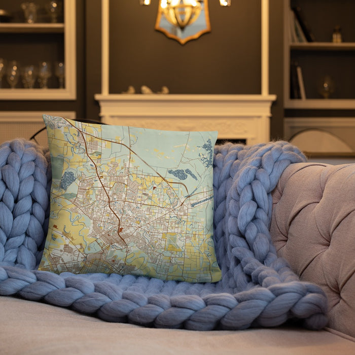 Custom Brownsville Texas Map Throw Pillow in Woodblock on Cream Colored Couch
