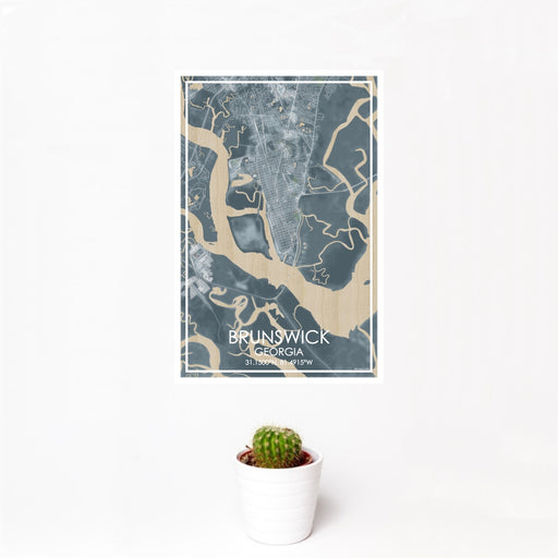 12x18 Brunswick Georgia Map Print Portrait Orientation in Afternoon Style With Small Cactus Plant in White Planter