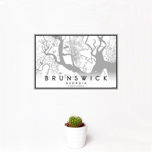 12x18 Brunswick Georgia Map Print Landscape Orientation in Classic Style With Small Cactus Plant in White Planter