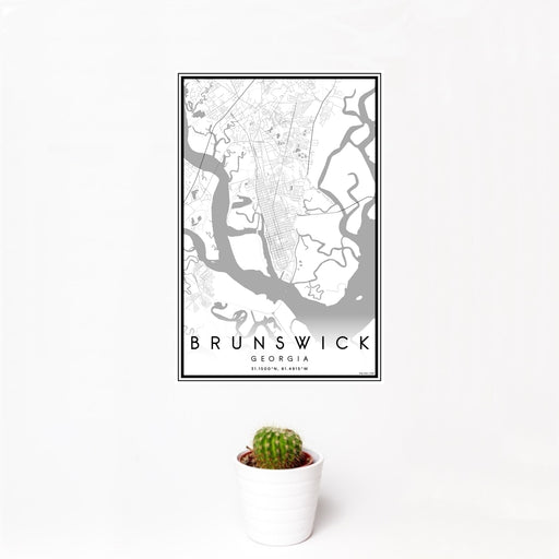 12x18 Brunswick Georgia Map Print Portrait Orientation in Classic Style With Small Cactus Plant in White Planter