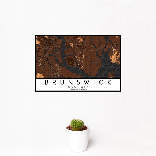 12x18 Brunswick Georgia Map Print Landscape Orientation in Ember Style With Small Cactus Plant in White Planter