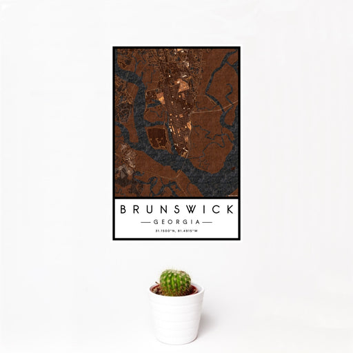 12x18 Brunswick Georgia Map Print Portrait Orientation in Ember Style With Small Cactus Plant in White Planter
