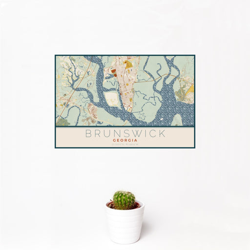 12x18 Brunswick Georgia Map Print Landscape Orientation in Woodblock Style With Small Cactus Plant in White Planter