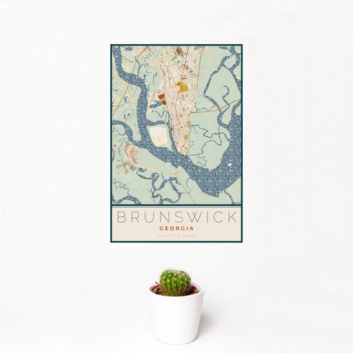 12x18 Brunswick Georgia Map Print Portrait Orientation in Woodblock Style With Small Cactus Plant in White Planter