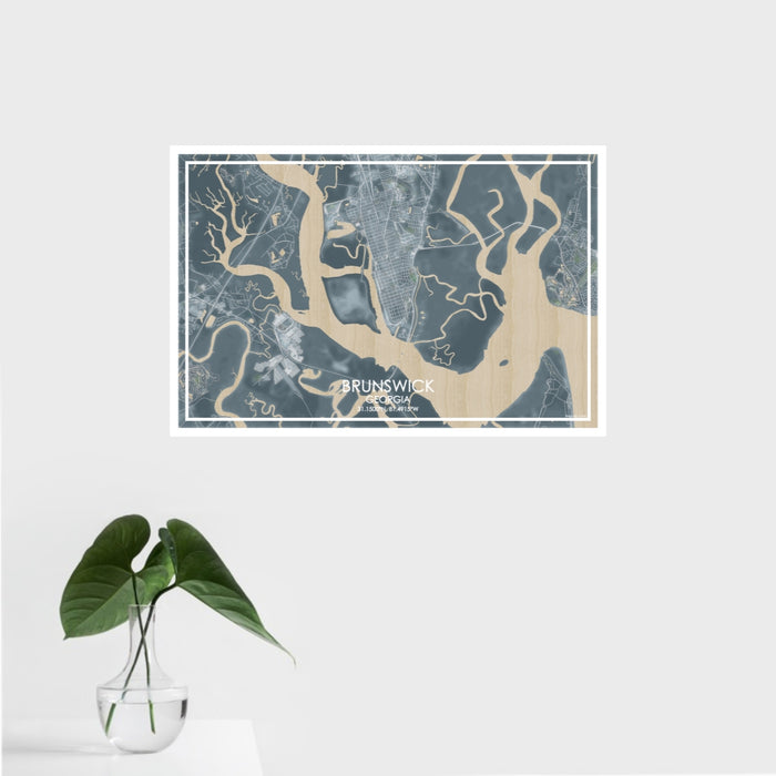 16x24 Brunswick Georgia Map Print Landscape Orientation in Afternoon Style With Tropical Plant Leaves in Water