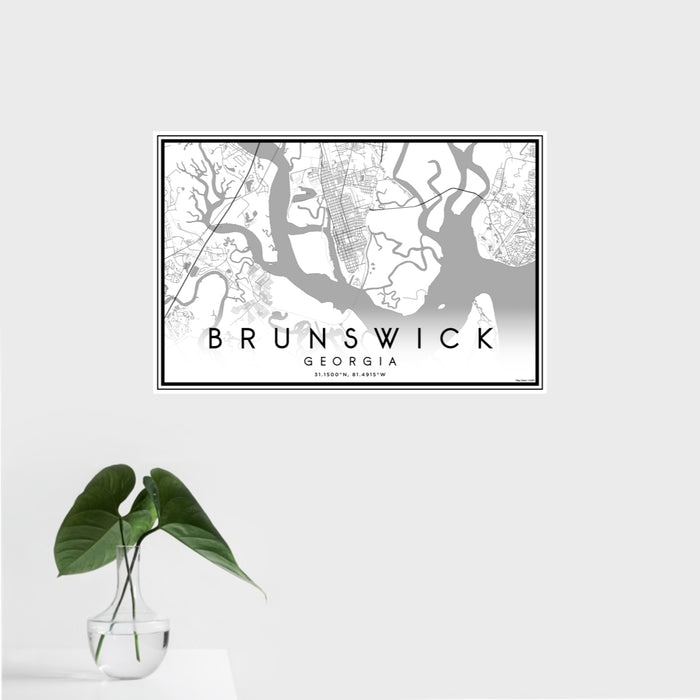 16x24 Brunswick Georgia Map Print Landscape Orientation in Classic Style With Tropical Plant Leaves in Water