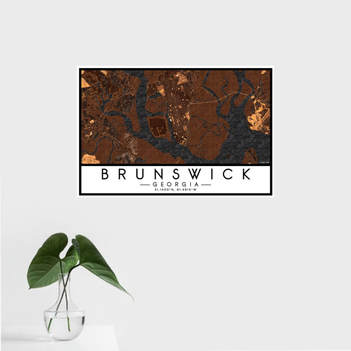 16x24 Brunswick Georgia Map Print Landscape Orientation in Ember Style With Tropical Plant Leaves in Water