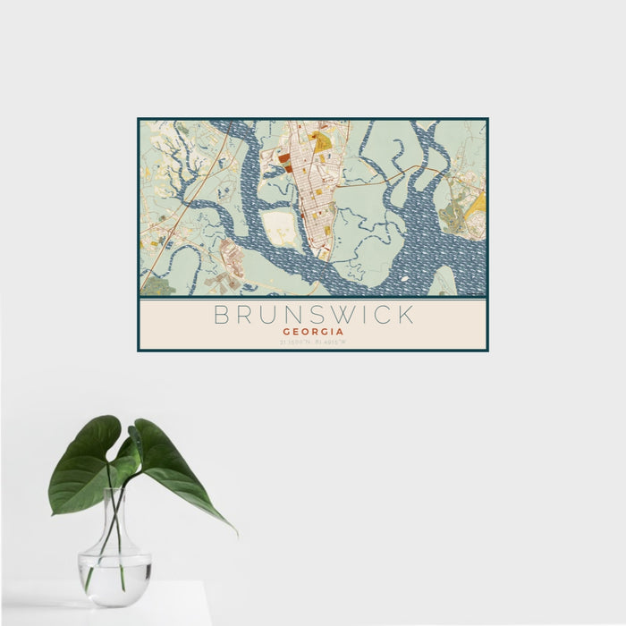 16x24 Brunswick Georgia Map Print Landscape Orientation in Woodblock Style With Tropical Plant Leaves in Water
