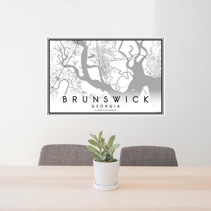 24x36 Brunswick Georgia Map Print Lanscape Orientation in Classic Style Behind 2 Chairs Table and Potted Plant