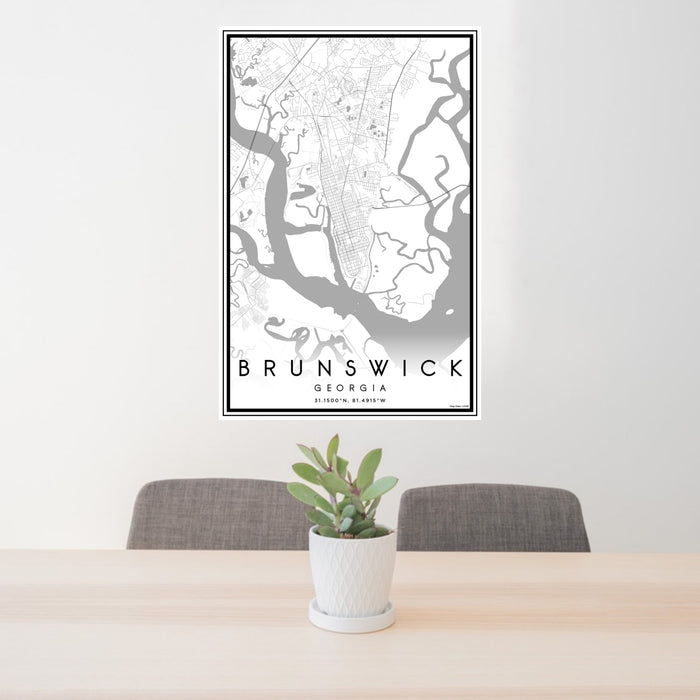 24x36 Brunswick Georgia Map Print Portrait Orientation in Classic Style Behind 2 Chairs Table and Potted Plant