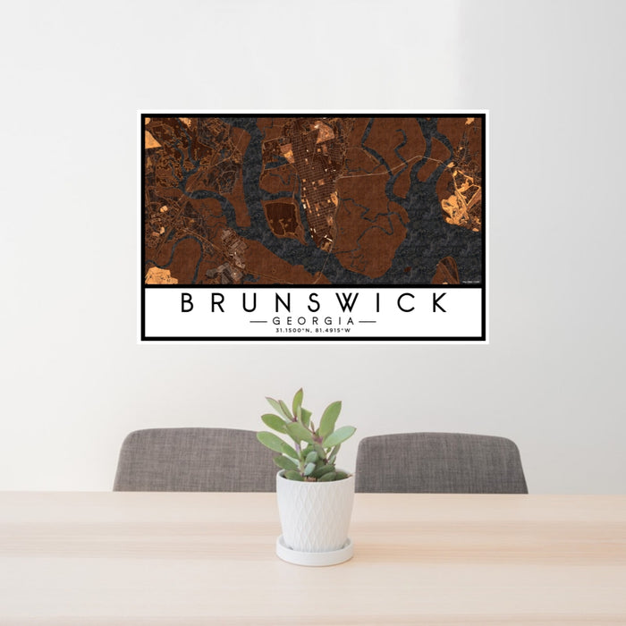 24x36 Brunswick Georgia Map Print Lanscape Orientation in Ember Style Behind 2 Chairs Table and Potted Plant