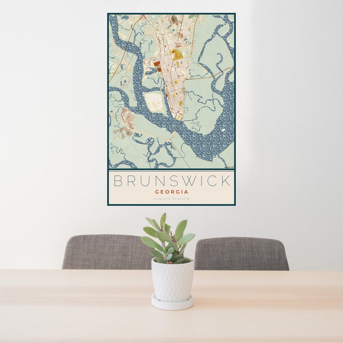 24x36 Brunswick Georgia Map Print Portrait Orientation in Woodblock Style Behind 2 Chairs Table and Potted Plant
