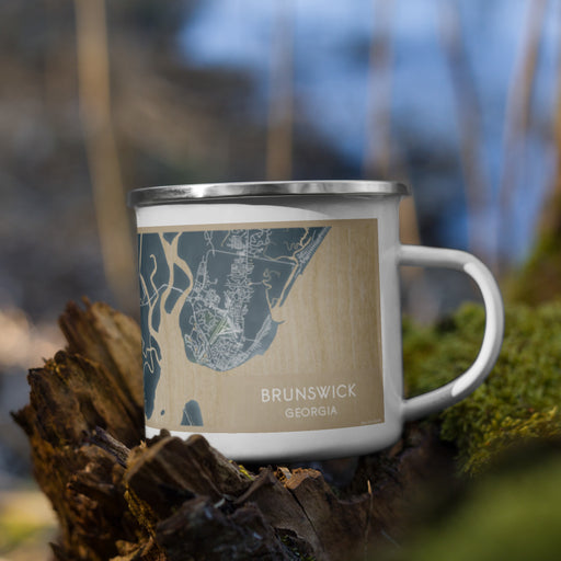 Right View Custom Brunswick Georgia Map Enamel Mug in Afternoon on Grass With Trees in Background