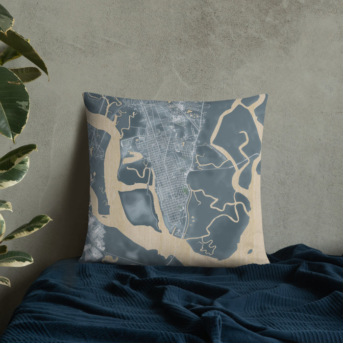 Custom Brunswick Georgia Map Throw Pillow in Afternoon on Bedding Against Wall