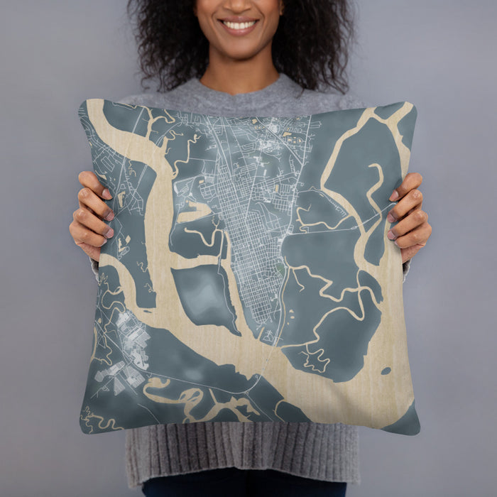 Person holding 18x18 Custom Brunswick Georgia Map Throw Pillow in Afternoon