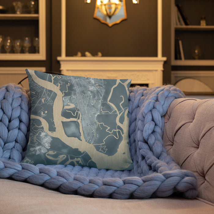 Custom Brunswick Georgia Map Throw Pillow in Afternoon on Cream Colored Couch