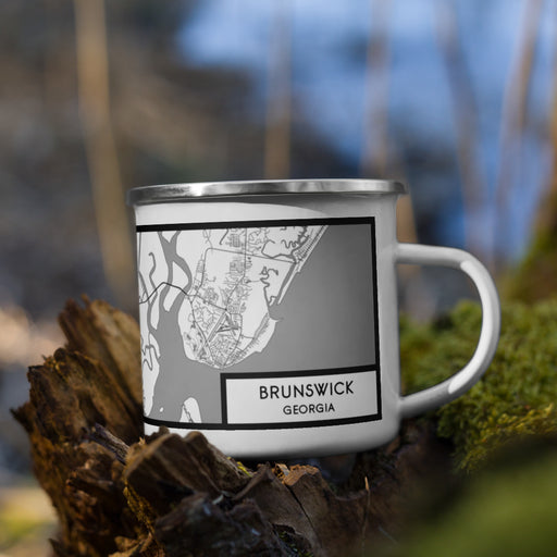 Right View Custom Brunswick Georgia Map Enamel Mug in Classic on Grass With Trees in Background