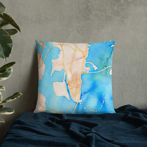 Custom Brunswick Georgia Map Throw Pillow in Watercolor on Bedding Against Wall