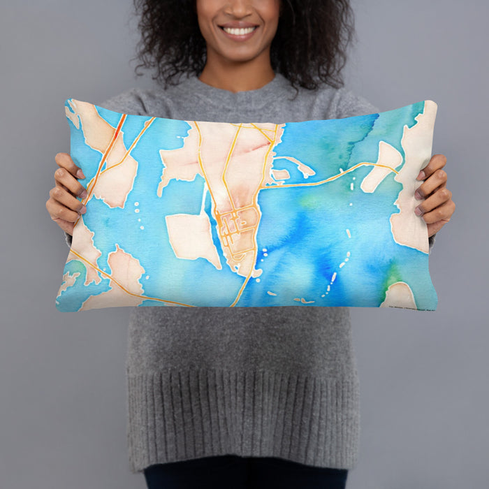 Person holding 20x12 Custom Brunswick Georgia Map Throw Pillow in Watercolor