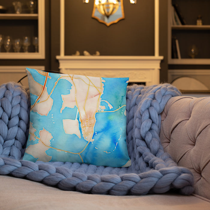 Custom Brunswick Georgia Map Throw Pillow in Watercolor on Cream Colored Couch