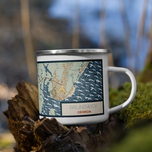 Right View Custom Brunswick Georgia Map Enamel Mug in Woodblock on Grass With Trees in Background