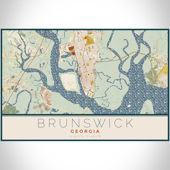 Brunswick Georgia Map Print Landscape Orientation in Woodblock Style With Shaded Background