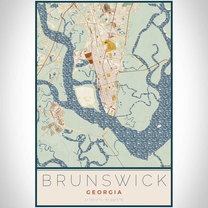 Brunswick Georgia Map Print Portrait Orientation in Woodblock Style With Shaded Background