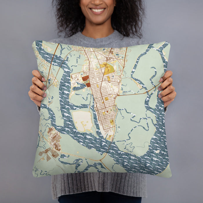 Person holding 18x18 Custom Brunswick Georgia Map Throw Pillow in Woodblock
