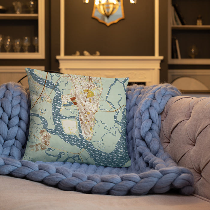 Custom Brunswick Georgia Map Throw Pillow in Woodblock on Cream Colored Couch